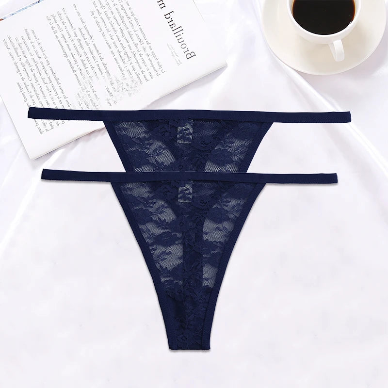 FINETOO 2PCS/Set Women Lace G-string Panties Thongs Sexy Underwear Pantys Low-Waist Femme Underpants Mesh Transparent  Lingerie