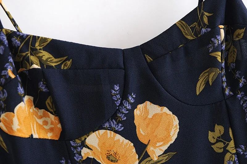 Navy Blue Floral Print Midi Slip Dress — Tie-Strap A-Line | Women's Summer Dress