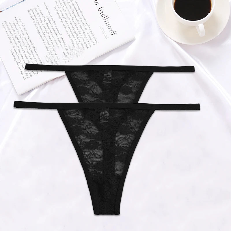 FINETOO 2PCS/Set Women Lace G-string Panties Thongs Sexy Underwear Pantys Low-Waist Femme Underpants Mesh Transparent  Lingerie