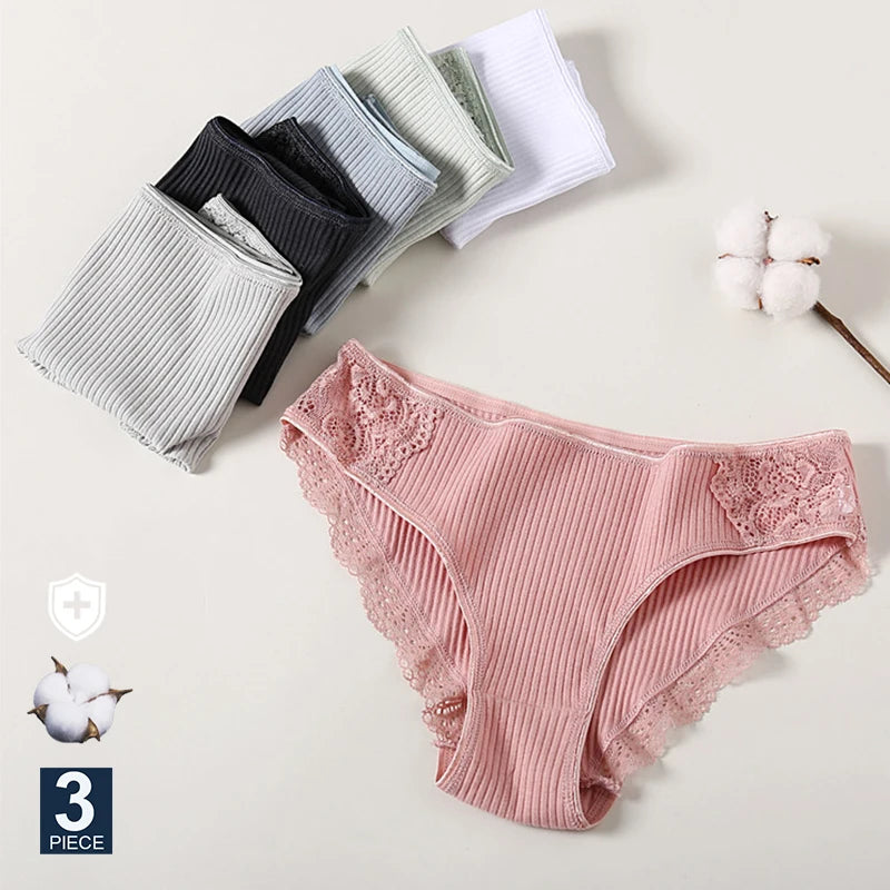 FINETOO 3PCS/Set Cotton Panties Women Underwear Sexy Panties Lace Brief for Female Panty Lingerie Low Waist Floral culotte femme