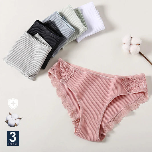 Women's Cotton Lace Briefs – 3-Pack Low-Rise Floral Underwear | Soft Everyday Panties (M–XXL)