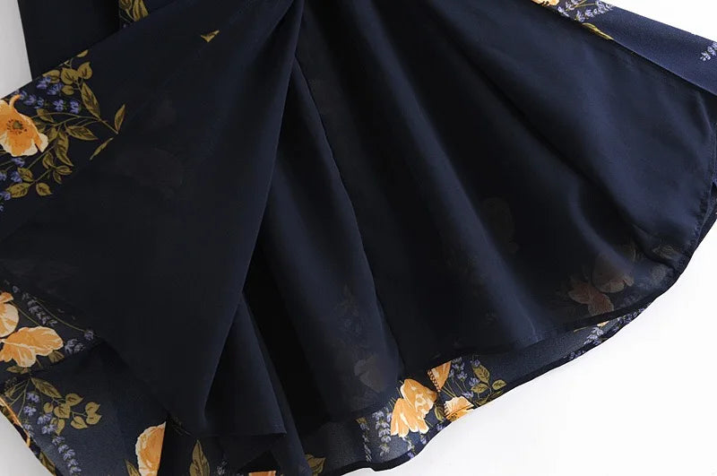 Navy Blue Floral Print Midi Slip Dress — Tie-Strap A-Line | Women's Summer Dress