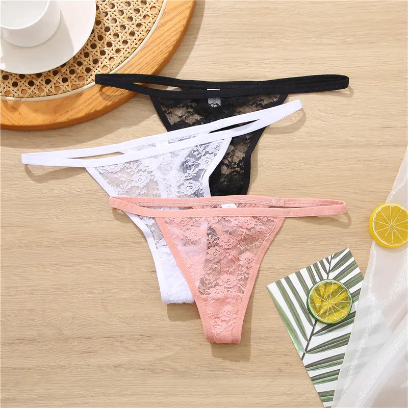 FINETOO 2PCS/Set Women Lace G-string Panties Thongs Sexy Underwear Pantys Low-Waist Femme Underpants Mesh Transparent  Lingerie