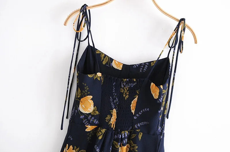 Navy Blue Floral Print Midi Slip Dress — Tie-Strap A-Line | Women's Summer Dress