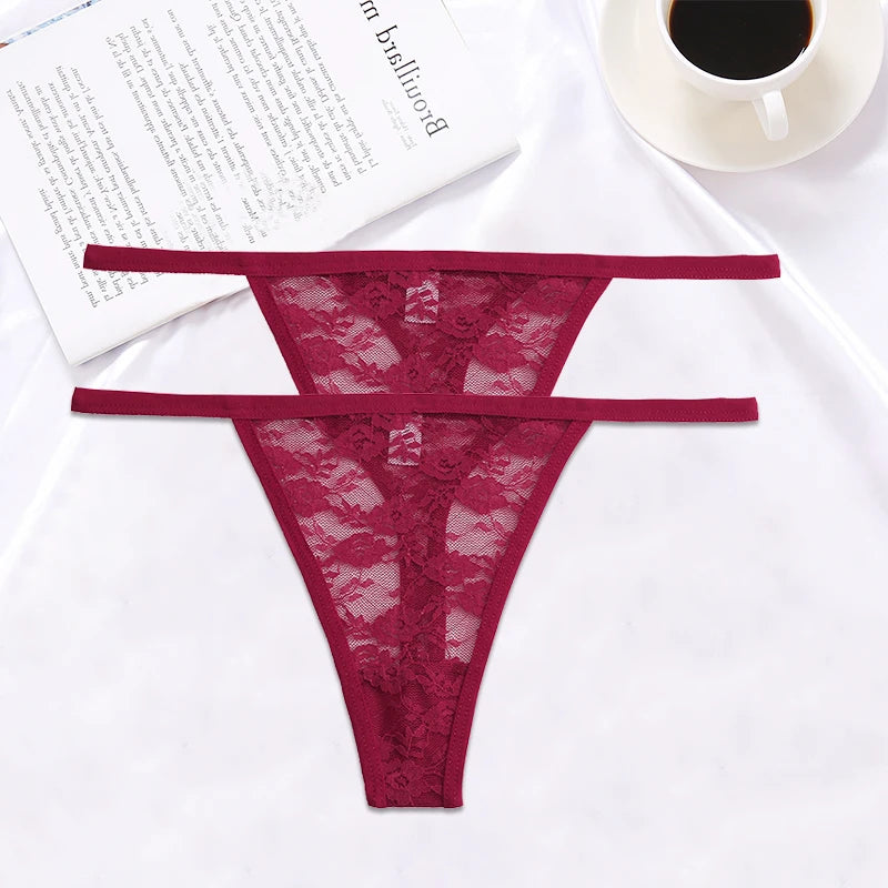 FINETOO 2PCS/Set Women Lace G-string Panties Thongs Sexy Underwear Pantys Low-Waist Femme Underpants Mesh Transparent  Lingerie