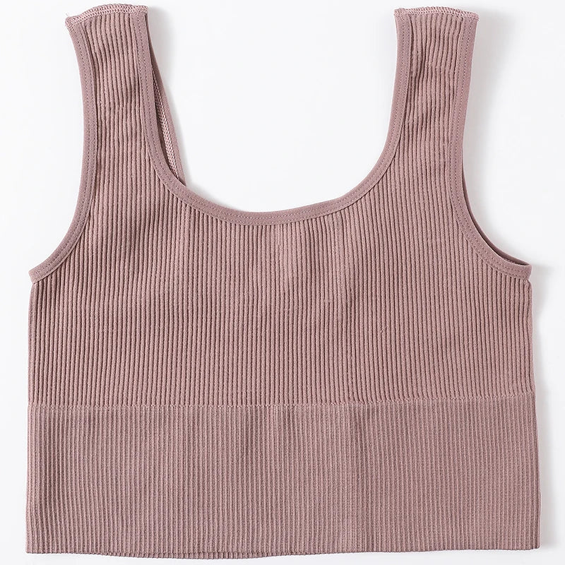 Women Seamless Ribbed Cropped Tank Top High Elastic Sleeveless Top Sexy Lingerie Sports Underwear O-neck Bra Daily Camisole M-XL