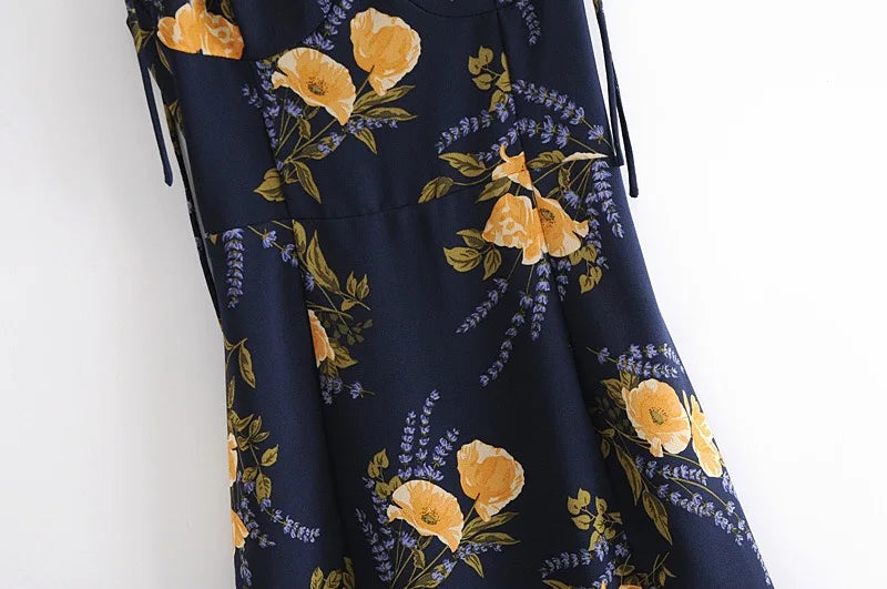 Navy Blue Floral Print Midi Slip Dress — Tie-Strap A-Line | Women's Summer Dress