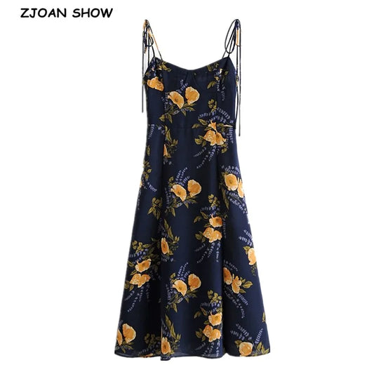 Navy Blue Floral Print Midi Slip Dress — Tie-Strap A-Line | Women's Summer Dress