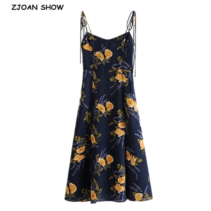 Navy Floral Midi Dress — Spaghetti Strap Tie-Shoulder A-Line