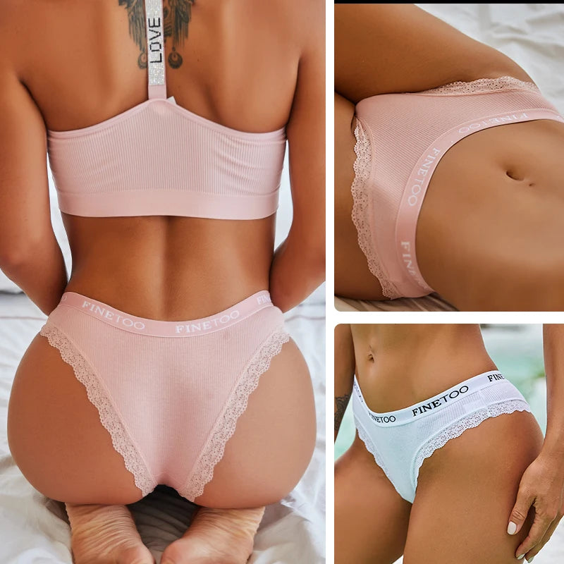Hollow-Out Lace Brief with Letter Belt – Sexy Cotton Underwear for Women (M–2XL, 7 Colors)