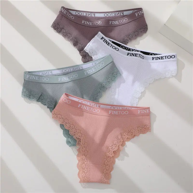 3-Pack Cotton Lace-Trim Brazilian Thongs — Logo Waistband Low-Rise G-String M–2XL