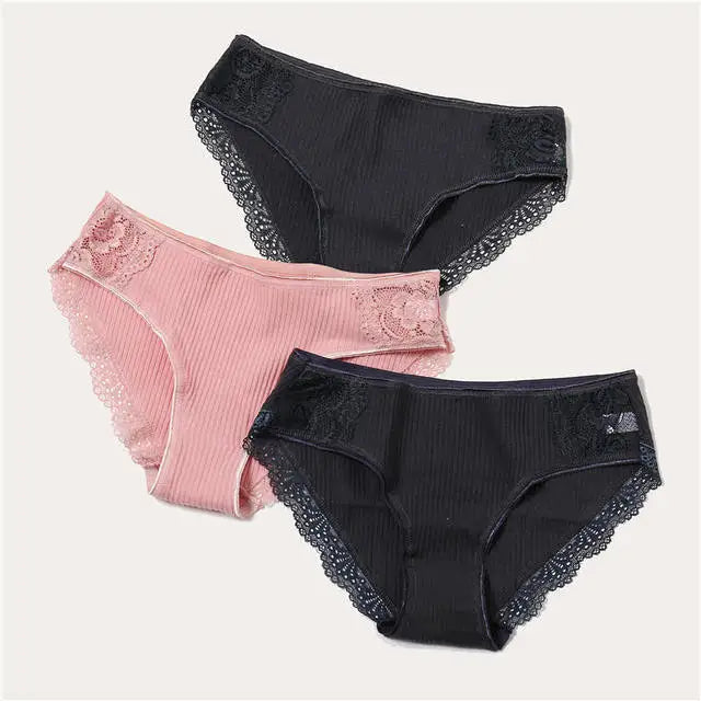 FINETOO 3PCS/Set Cotton Panties Women Underwear Sexy Panties Lace Brief for Female Panty Lingerie Low Waist Floral culotte femme