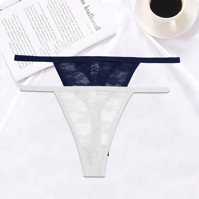 FINETOO 2PCS/Set Women Lace G-string Panties Thongs Sexy Underwear Pantys Low-Waist Femme Underpants Mesh Transparent  Lingerie