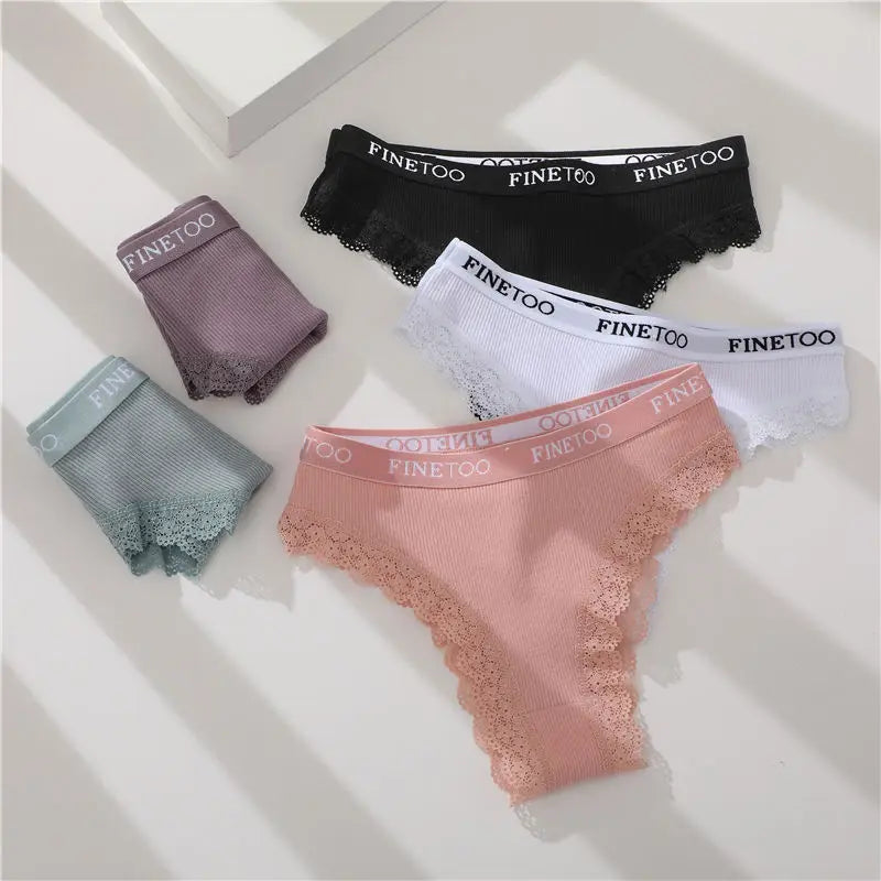 3-Pack Cotton Lace-Trim Brazilian Thongs — Logo Waistband Low-Rise G-String M–2XL