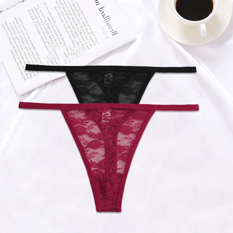 FINETOO 2PCS/Set Women Lace G-string Panties Thongs Sexy Underwear Pantys Low-Waist Femme Underpants Mesh Transparent  Lingerie