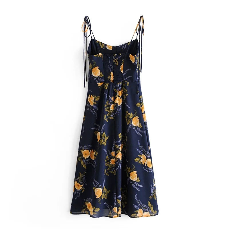 Navy Blue Floral Print Midi Slip Dress — Tie-Strap A-Line | Women's Summer Dress
