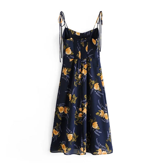 Navy Blue Floral Print Midi Slip Dress — Tie-Strap A-Line | Women's Summer Dress
