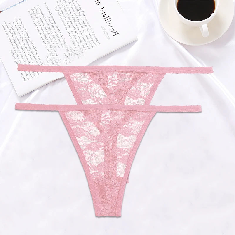 FINETOO 2PCS/Set Women Lace G-string Panties Thongs Sexy Underwear Pantys Low-Waist Femme Underpants Mesh Transparent  Lingerie
