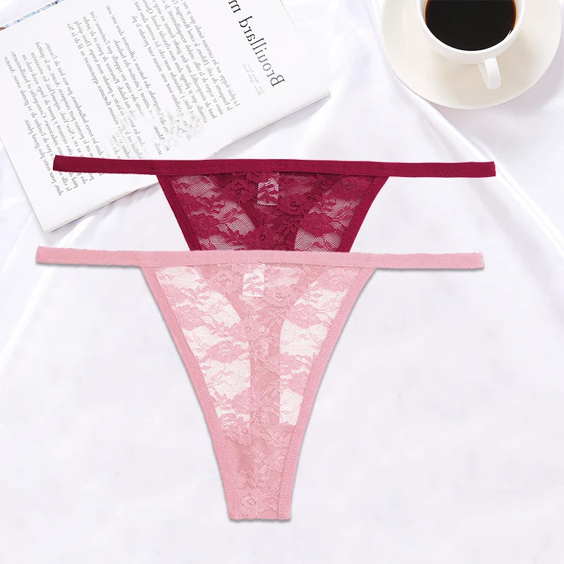 FINETOO 2PCS/Set Women Lace G-string Panties Thongs Sexy Underwear Pantys Low-Waist Femme Underpants Mesh Transparent  Lingerie