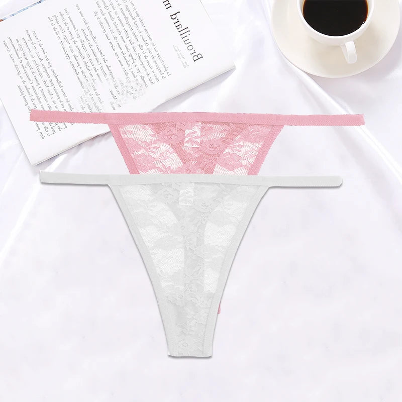 FINETOO 2PCS/Set Women Lace G-string Panties Thongs Sexy Underwear Pantys Low-Waist Femme Underpants Mesh Transparent  Lingerie