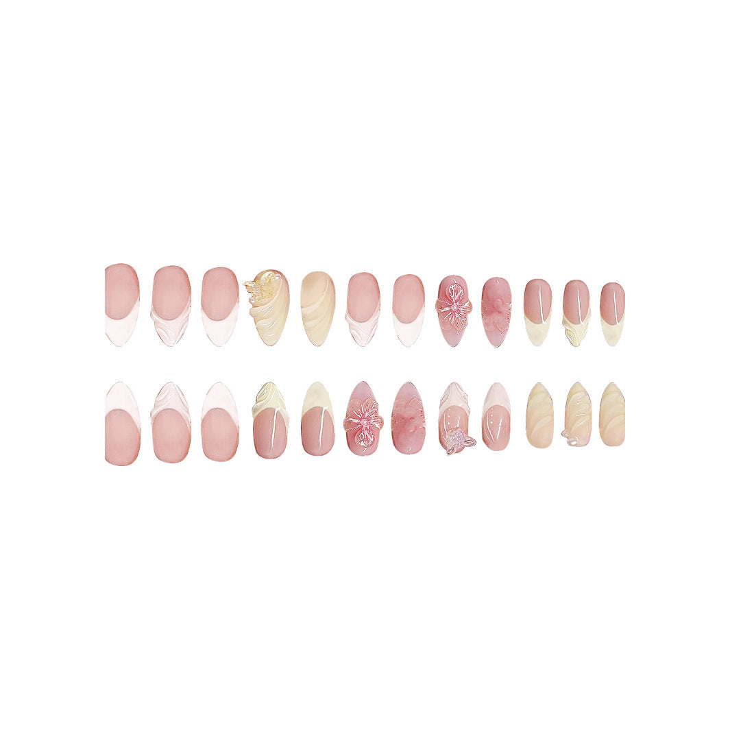 Almond Press-On Nails - 3D Floral, Butterfly & French Tip, 24 Pieces