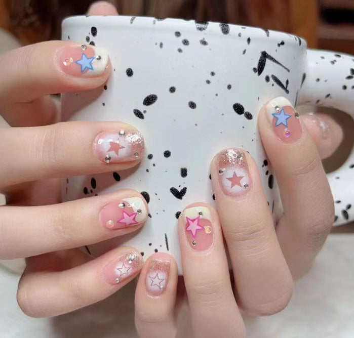 Short Press-On Nails - French Tip, Bow & Glitter Designs, 24 Pieces