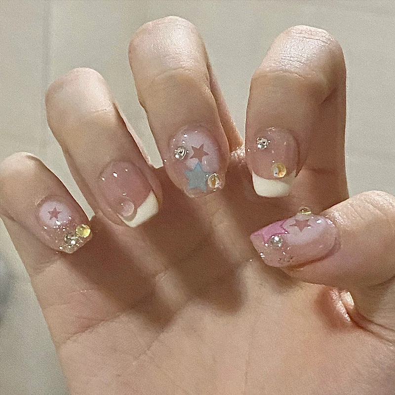 Short Press-On Nails - French Tip, Bow & Glitter Designs, 24 Pieces