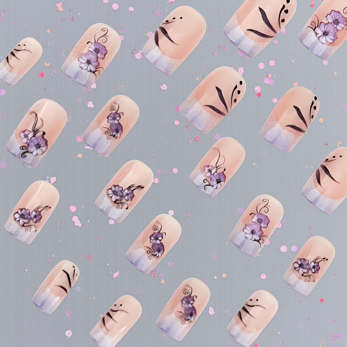 Short Square Press-On Nails - Purple Floral & Gradient French, 24 Pieces