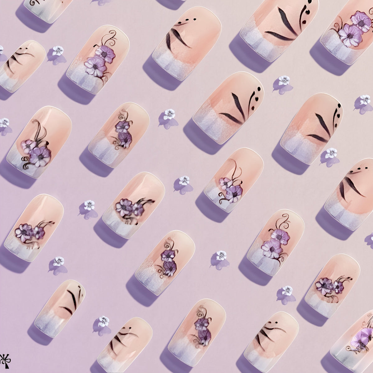 Short Square Press-On Nails - Purple Floral & Gradient French, 24 Pieces
