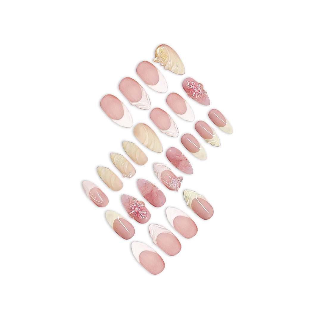 Almond Press-On Nails - 3D Floral, Butterfly & French Tip, 24 Pieces