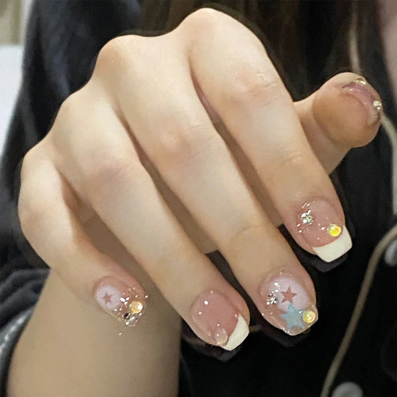 Short Press-On Nails - French Tip, Bow & Glitter Designs, 24 Pieces