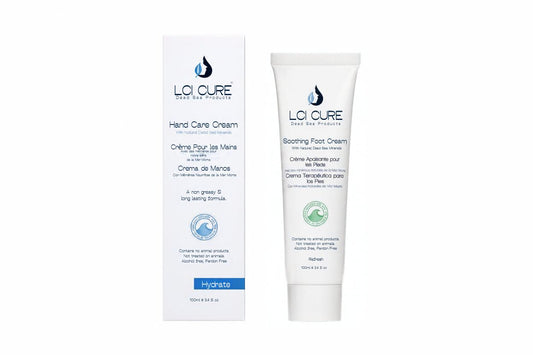 LOI CURE Hand Care Cream and Boasting Foot Cream tubes and packaging box on a white background.