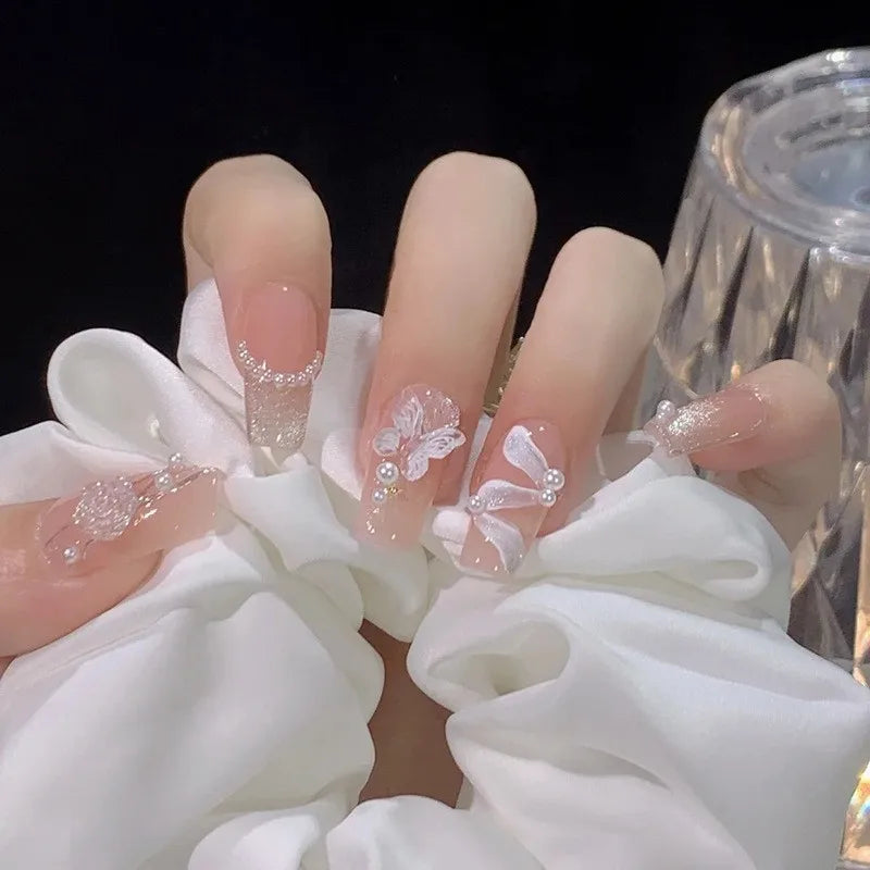 Short Press-On Nails - French Tip, Bow & Glitter Designs, 24 Pieces