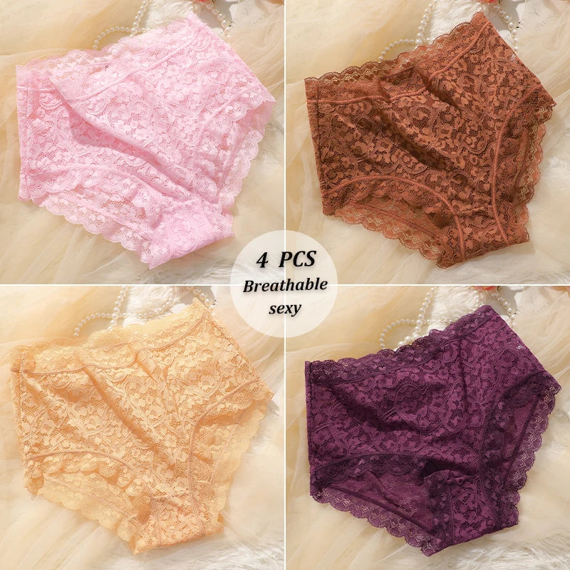 4-Pack High-Waist Lace Panties – Soft Breathable Hollow Briefs for Women (S–3XL, 9 Color Sets)