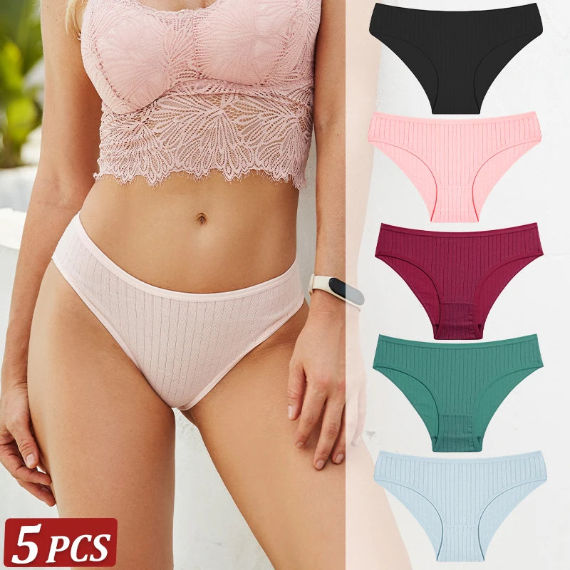 5-Pack Cotton Striped & Solid Brief Panties – Breathable Low-Rise Underwear for Women (M–XL, 12 Color Sets)