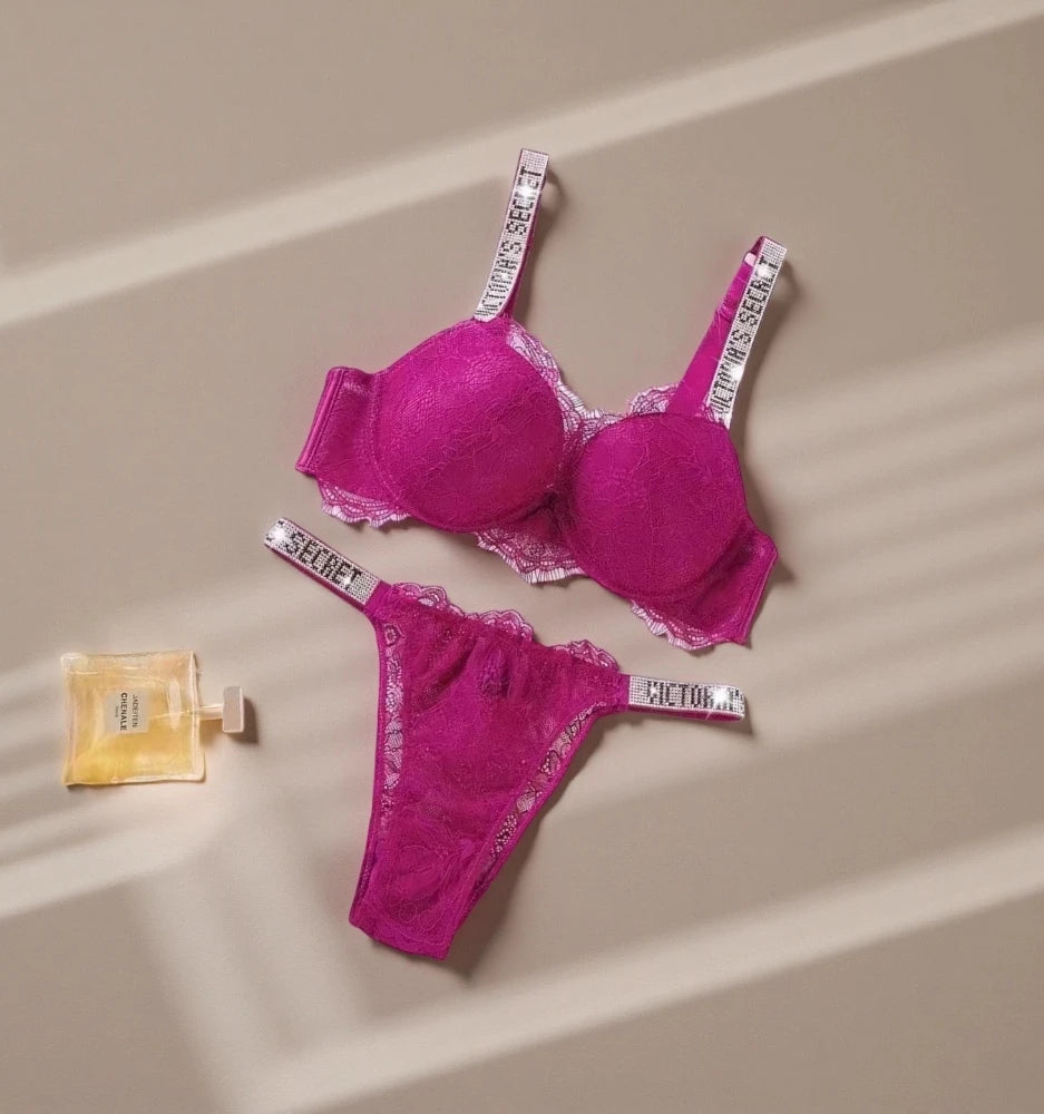 Women's Classic Lace Trim Gathered Padded Bra & Panty Set – Soft Breathable Lingerie