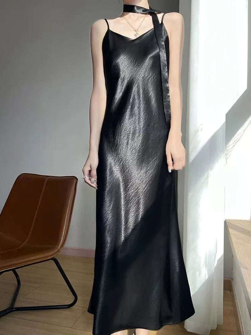 French Elegant Satin Camis Dress Women Summer Loose with Ribbon Midi Dress Female Fashion Aesthetic Party Evening Slip Dress