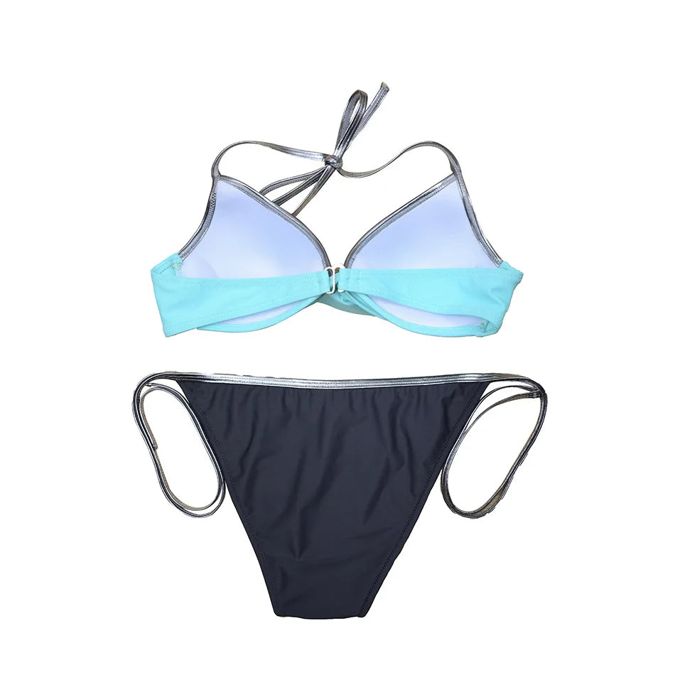 Neon Trim Twist Bikini Set — V-Neck Top & Side-Tie Low Waist Bottoms | Women's Swimwear