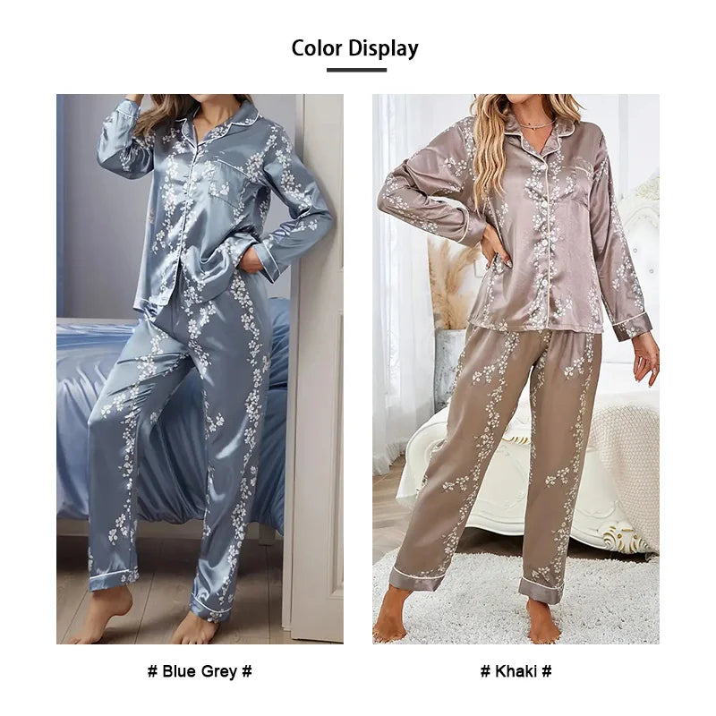 Satin Floral Pajama Set — Long Sleeve Button-Up Top & Pants