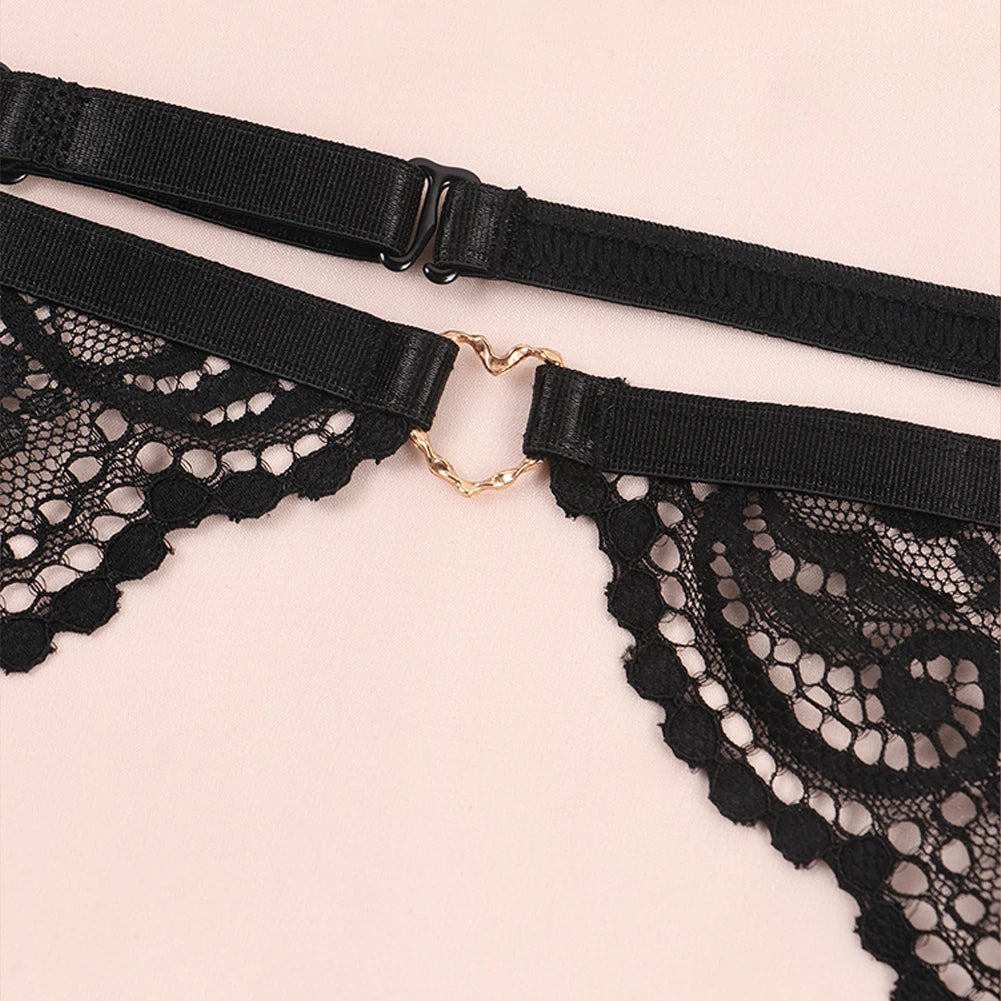 Floral Lace Bralette Lingerie Set — Wire-Free Bra, Thong, Garter Belt & Stockings | Women's Lingerie