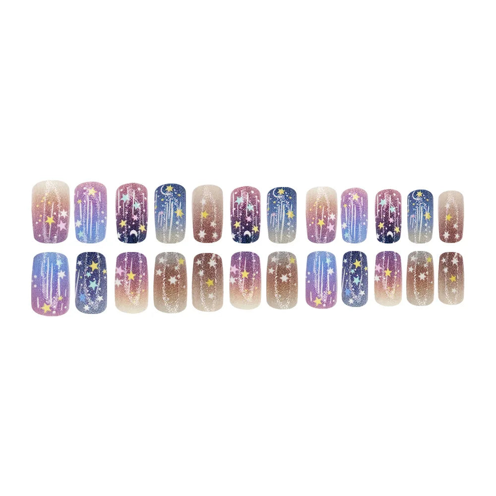 Short Coffin Press-On Nails – Stars & Moon, 24-Piece Set