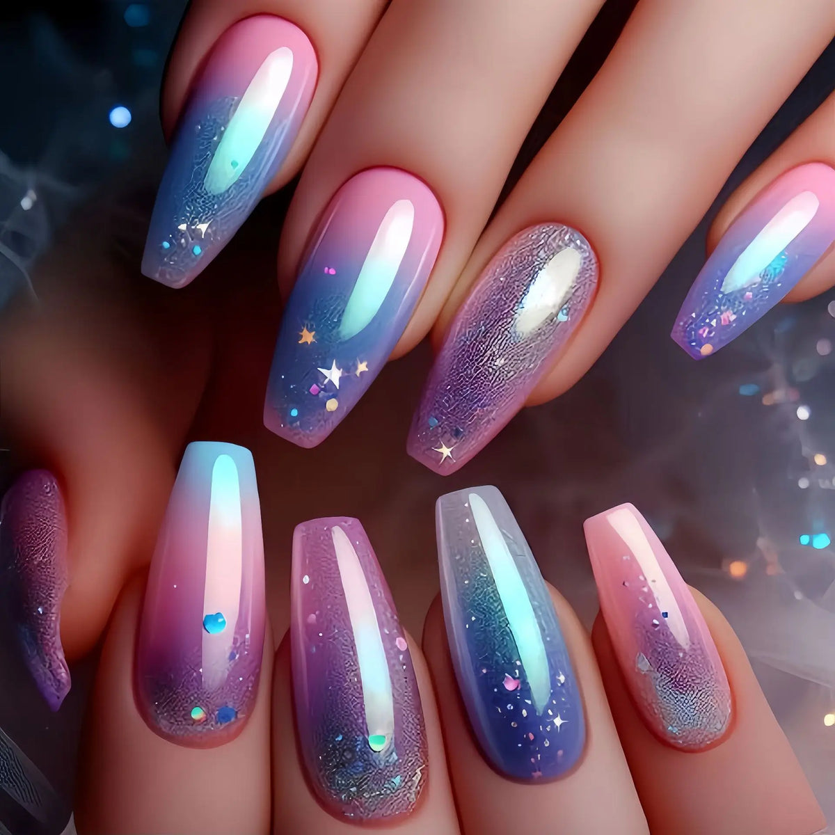 Short Coffin Press-On Nails – Stars & Moon, 24-Piece Set