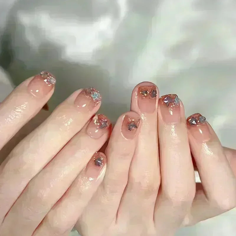 Short Press-On Nails - French Tip, Bow & Glitter Designs, 24 Pieces