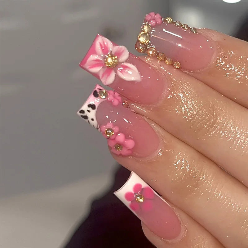 Medium Square Press-On Nails with Adhesive - Blush Pink Floral & French, 24 Pieces