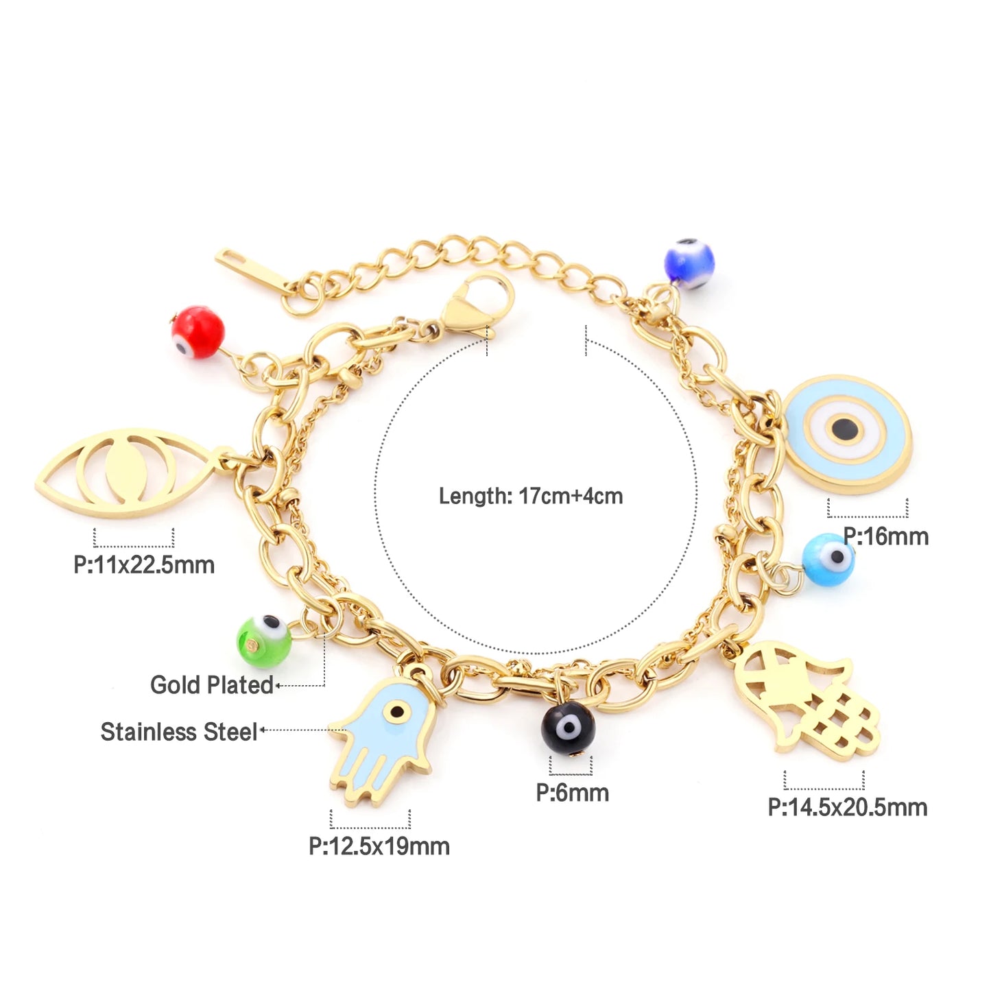 Evil Eye Bracelet – 18K Gold-Plated Stainless Steel Boho Charm Bracelet for Women
