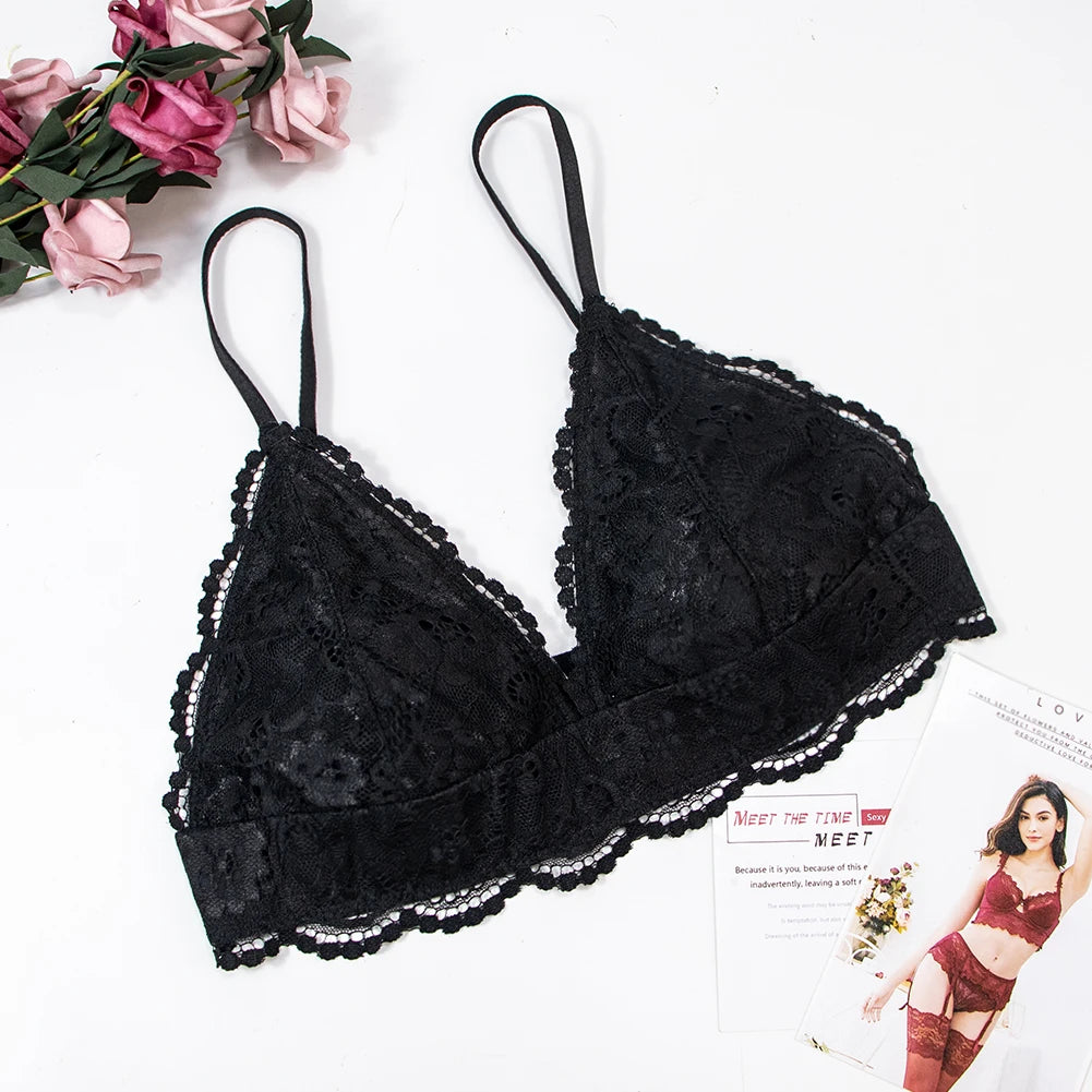 Floral Lace Bralette Lingerie Set — Wire-Free Bra, Thong, Garter Belt & Stockings | Women's Lingerie