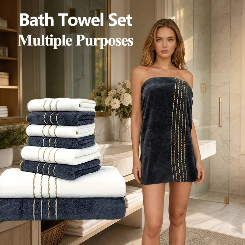Golden Striped Coral Fleece Bath Towel Set – Ultra-Soft, Quick-Dry, Machine Washable (2, 3, 6 or 8 Pcs)