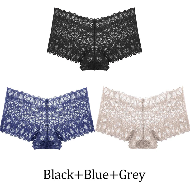 3-Pack Lace Boyshort Panties – Low-Rise Floral Underwear for Women (S–XL, 14 Color Sets)