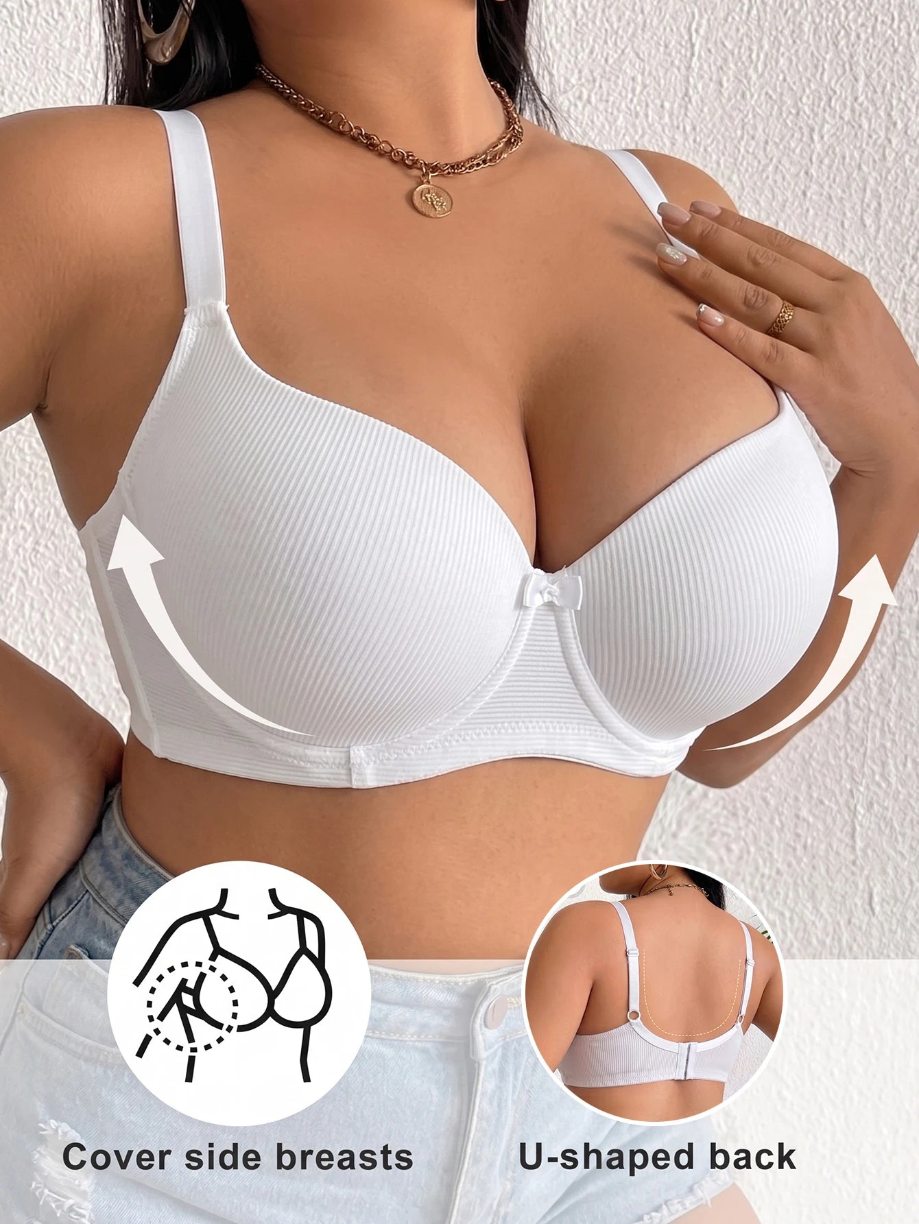 Plus Size Ribbed Push-Up Bra — Wide Strap Underwire Side Gather | Women's Bra