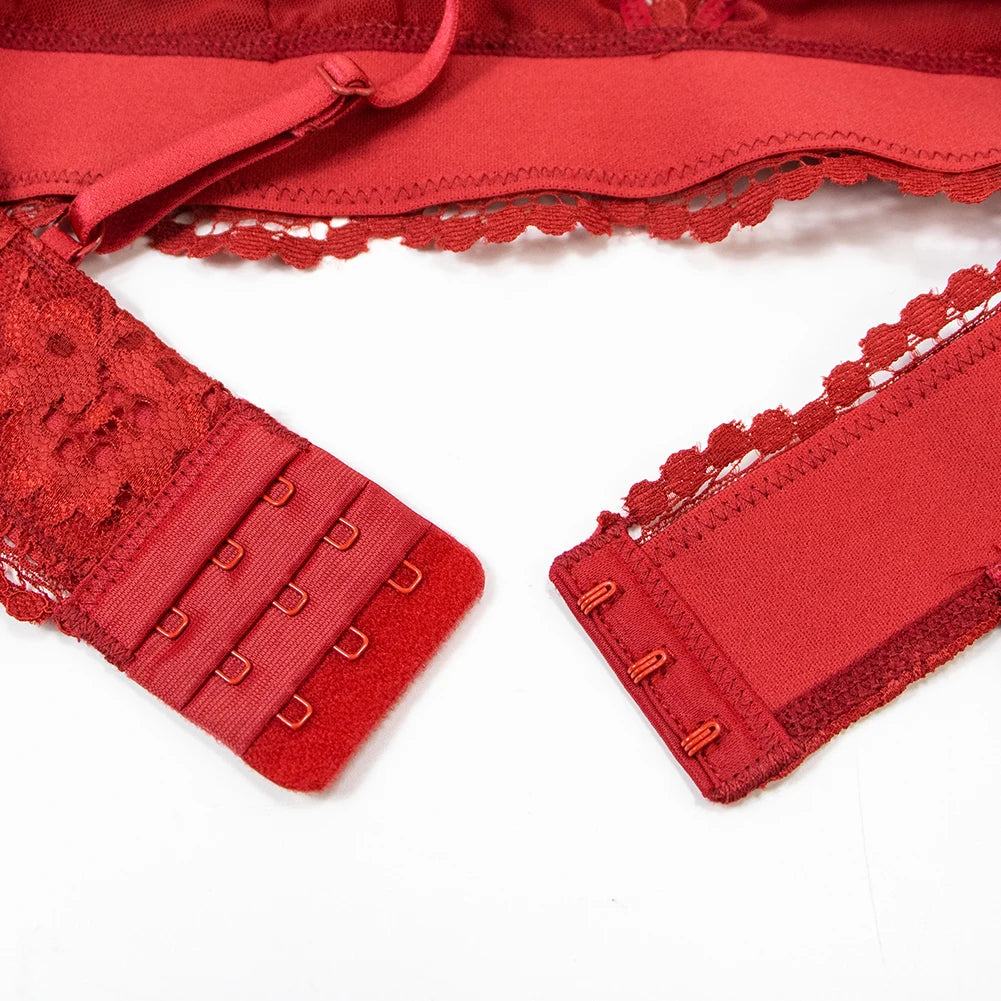 Floral Lace Bralette Lingerie Set — Wire-Free Bra, Thong, Garter Belt & Stockings | Women's Lingerie